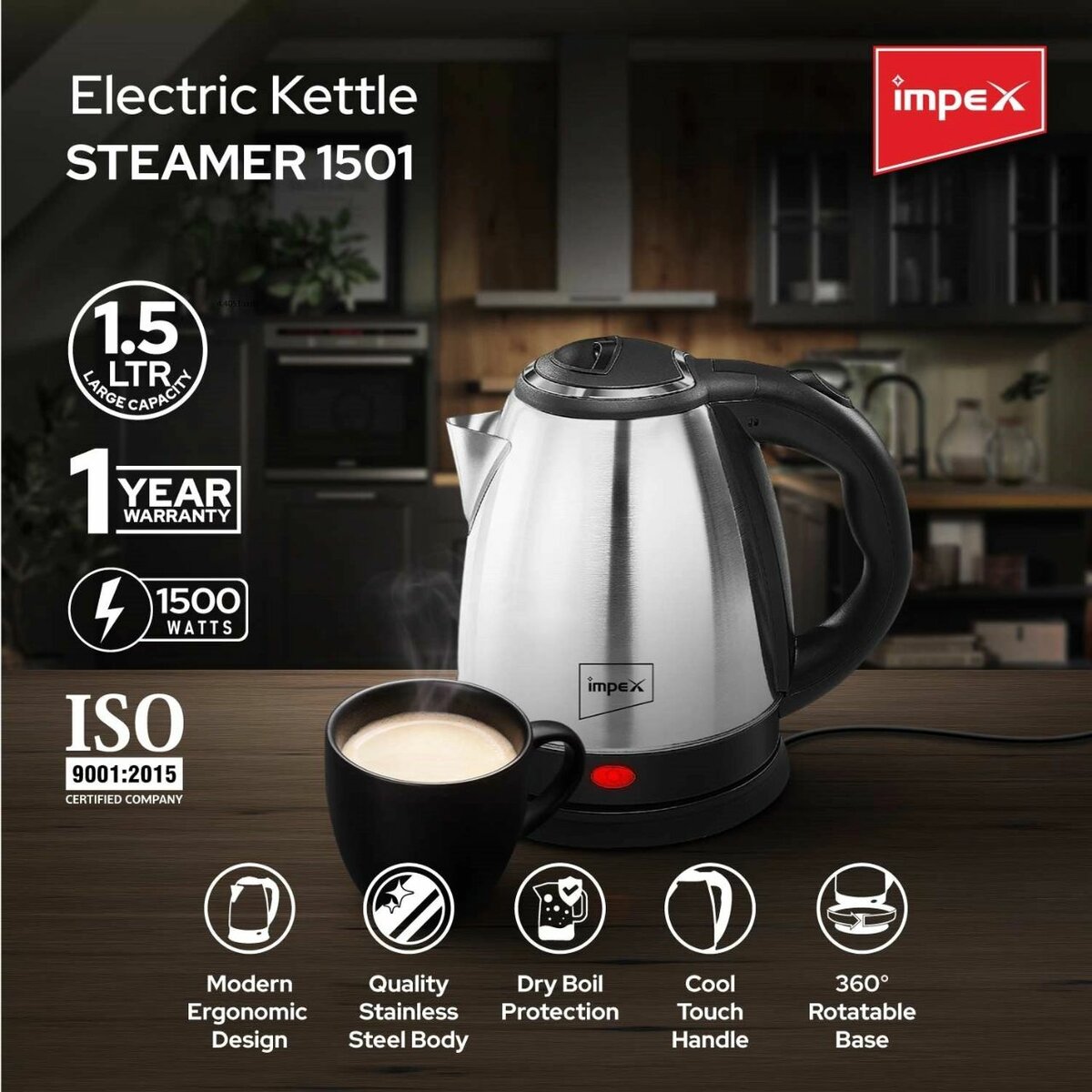 Bouilloire électrique en acier inoxydable 1,5L