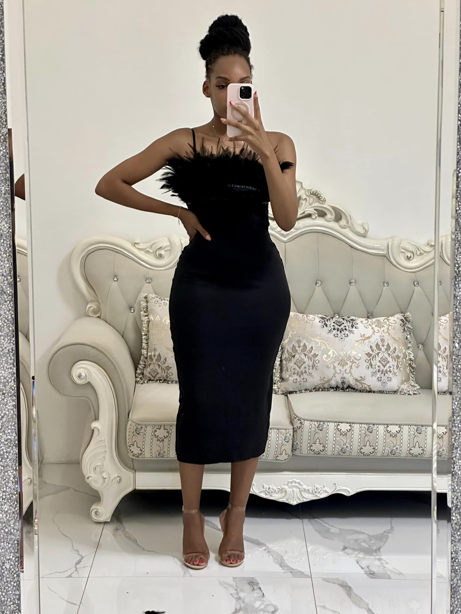 black dress with feathers