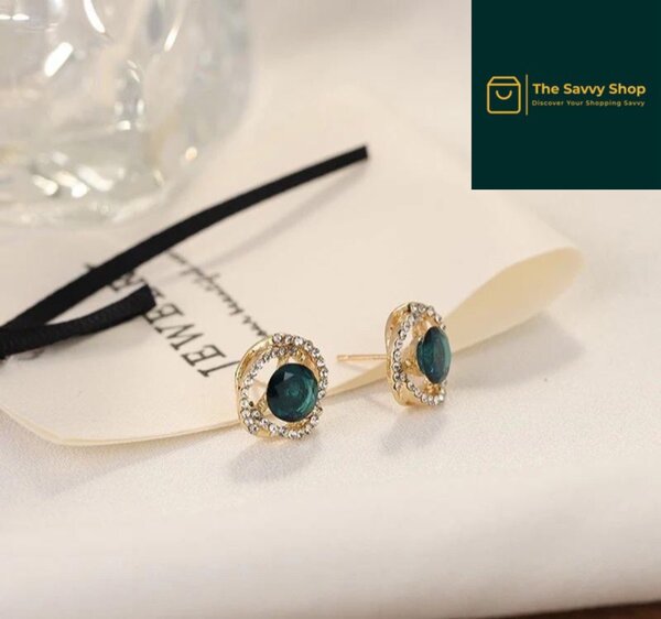 Double round gold plated artificial stone earrings