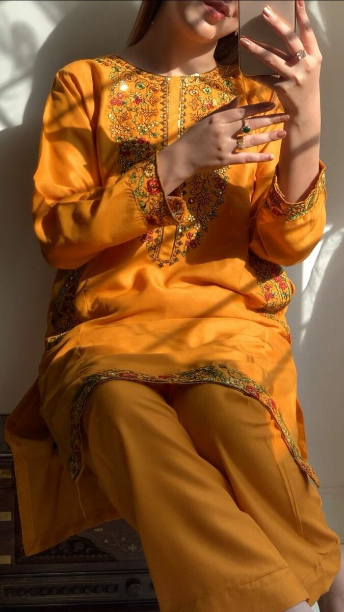 Mustard pocket  Embroided Dress