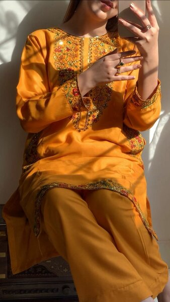 Mustard pocket  Embroided Dress