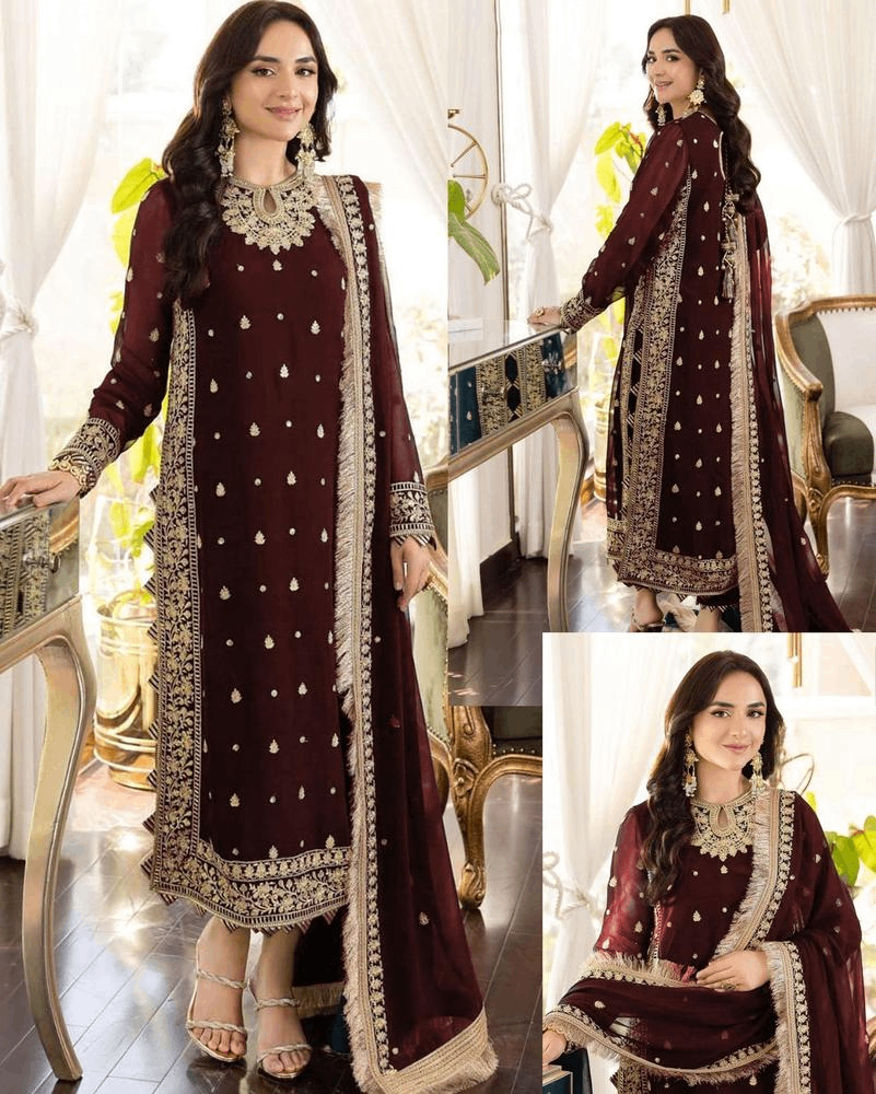3 PCs Women's stitched Crinkle Chiffon Embroideryd Suit