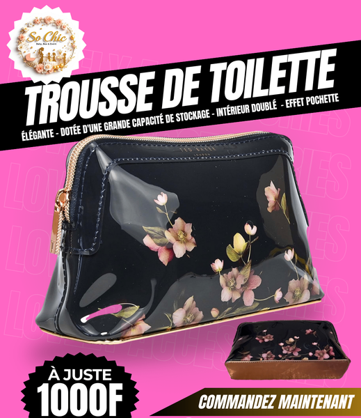 Trousse de toilette transparente PVC noir fleurs