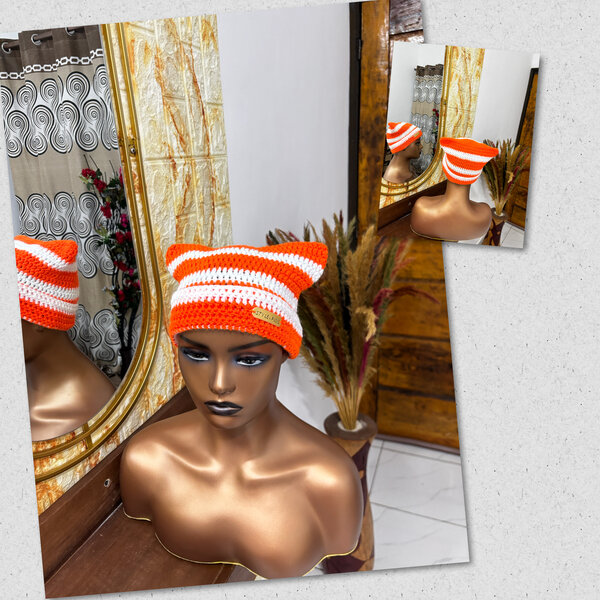 Bonnet tricoté rayé blanc et orange