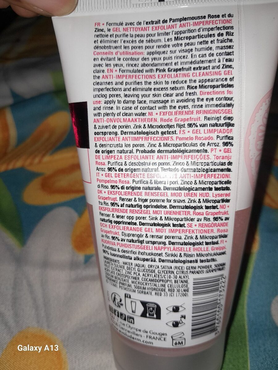 Évoluderm anti imperfections gel nettoyant exfoliant pamplem