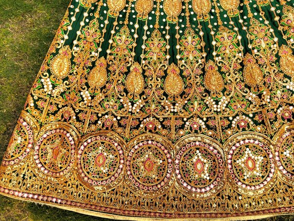 Lehenga with Dubata , Dark green with multi color dubata