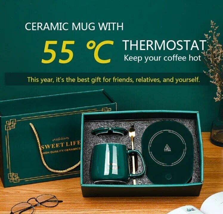 Gift Ceramic Coffee Cup + Automatic Heating Pad Energy Savin