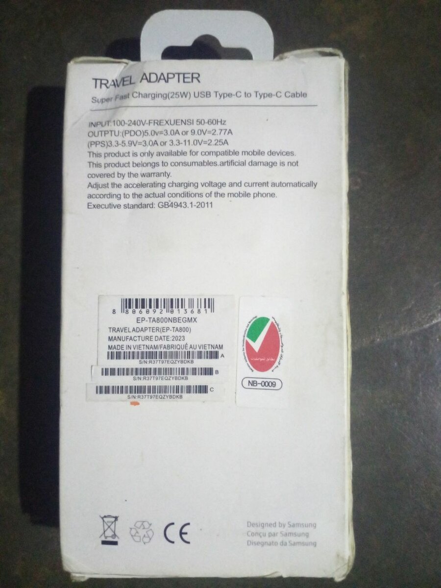 Chargeur Samsung Original USB-C 25W PD Adapteur.