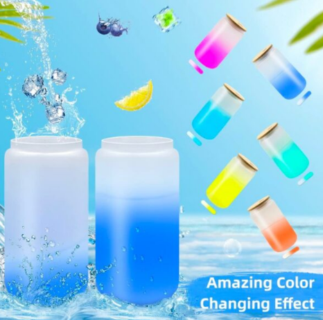 Color Changing Beer Can Frosted Glass Tumbler with Bamboo Lid and Straw