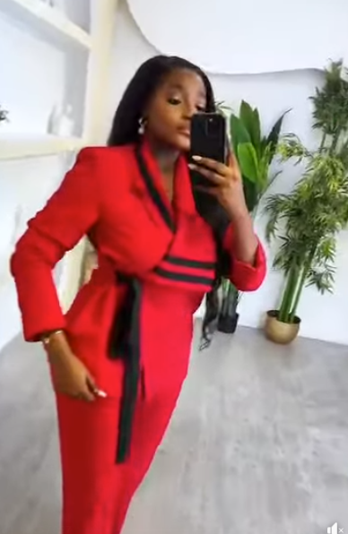 Women's red suit with black inserts