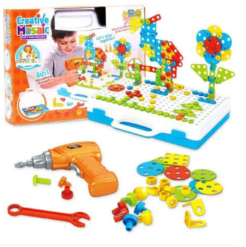 Creative Mosaic Toy Drill Puzzle Set for Kids, STEM Learning Educational Toys, Drill and Screwdriver Engineering Building Kit for Boys and Girls