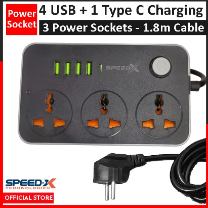 SpeedX Multi Power Strip Plug Extension Board with 4 USB Ports + 3 Sockets + 1 Type C Charging Universal Travel Charging Adapter Surge Protector