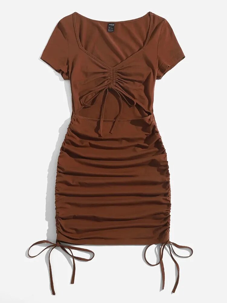 Drawstring Knot Ruched Cut Out Dress(Long and Short Sleeve )