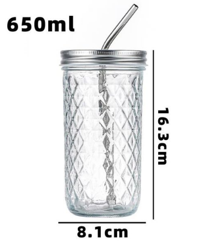 Silver Metal Lid Diamond Mason Jar Glass Tumbler with Stainless Steel Straw 