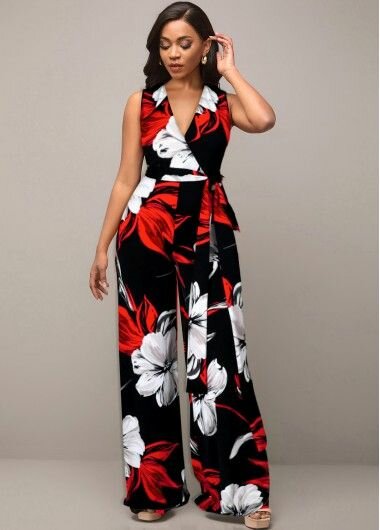 Combinaison femme fleuri rouge, noir et blanc