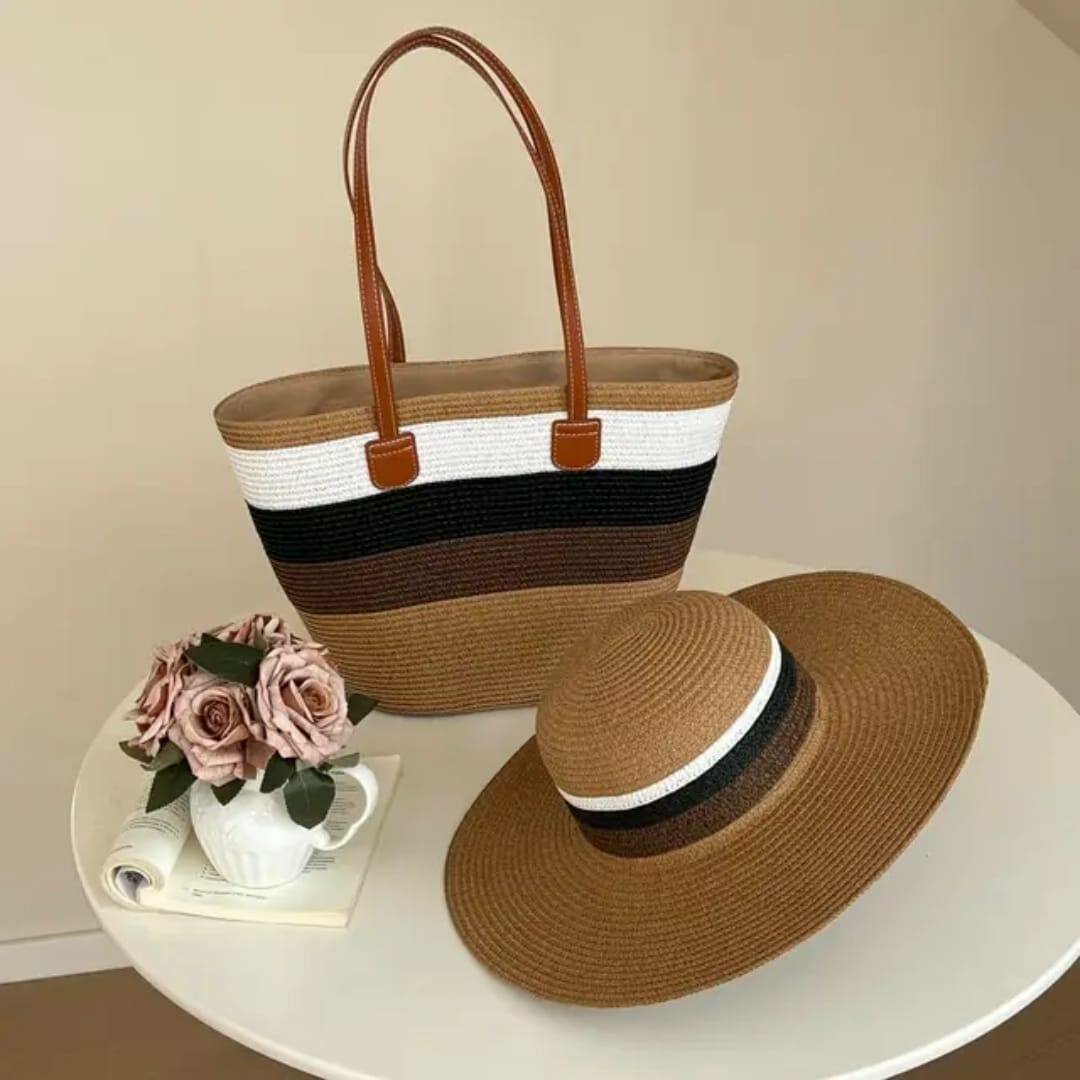 Ensemble chapeau et sac en paille