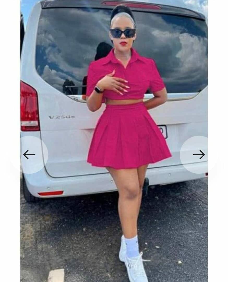 Two-piece pink suit: top and skirt