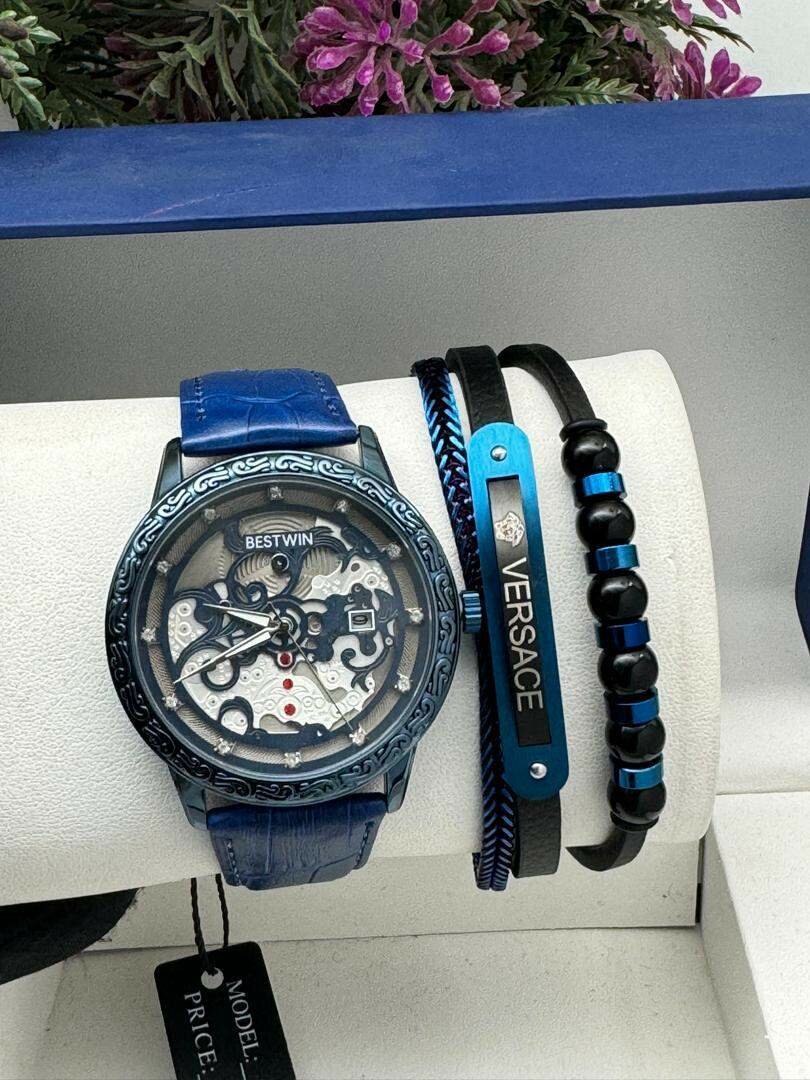 Leather watch and bracelet set