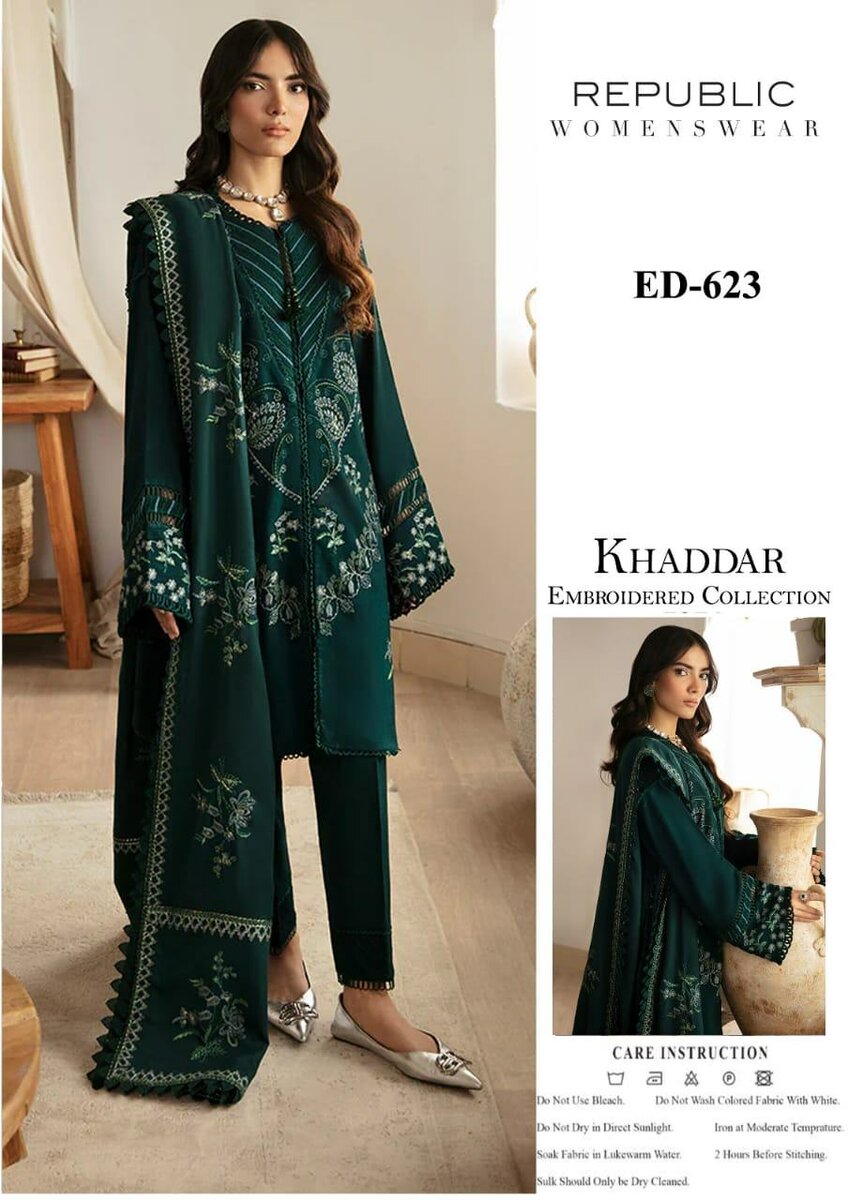 3 piece unstitched khaddar heavy embroidered suit