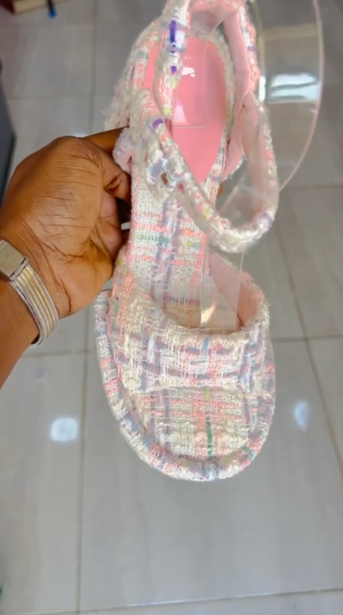 Tweed pink and white heeled shoes