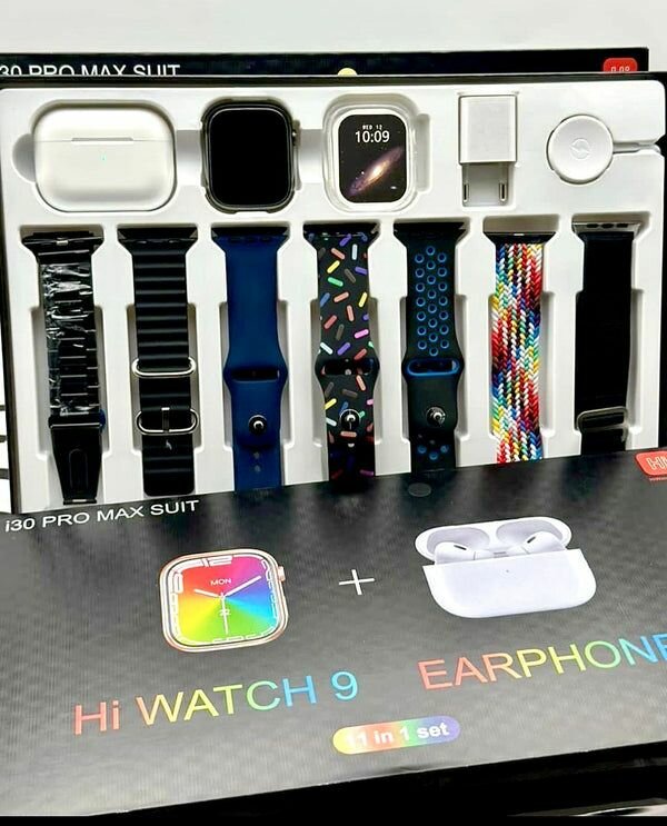 i30 PRO MAX SUIT HI WATCH 9 EARPHONES 11 IN 1 SET - Black