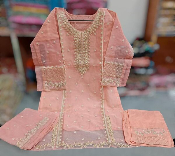 3 pcs women's stiched organza Embroidered suit