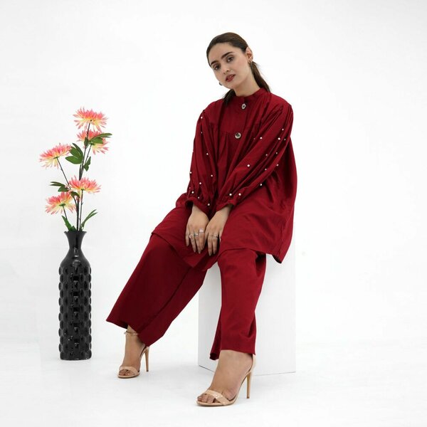 Maroon Button-Down Tunic with Straight Trousers