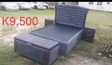 Bed with soft headboard blue + pouf