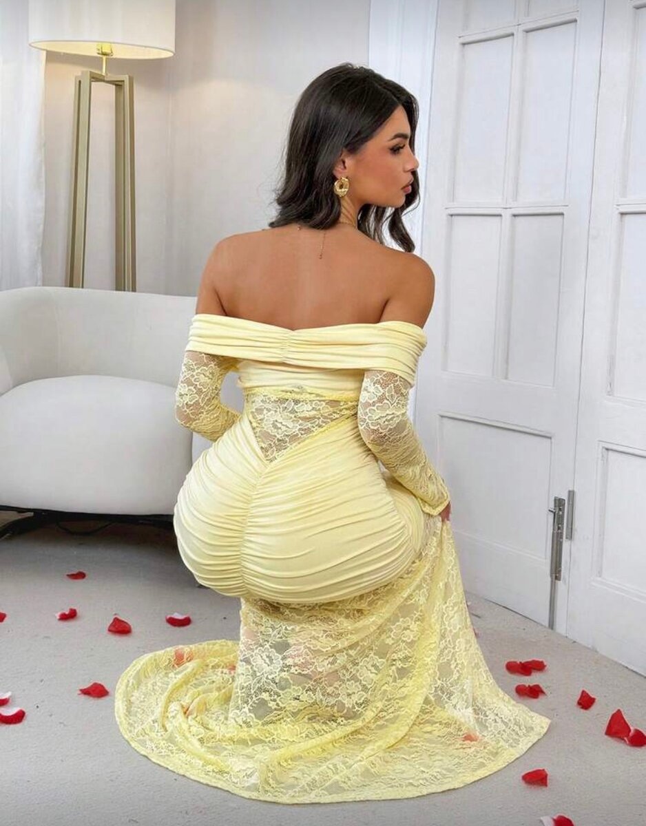 Robe Longue en Dentelle Jaune