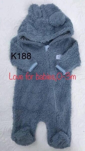 Fluffy grey jumpsuit with ears on the hood, 0-3m
