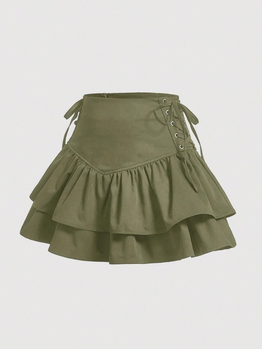 Lace up side layered hem skirt