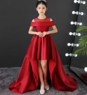 Long Dresses Flower Girls Red Color Birthday Party Competition Evening Dresses For Kids ( Fabric Net And Silk ) ( Size 03 Month To 16 Yrs)