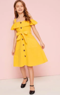 Girls Cold Shoulder Ruffle Trim Belted Shirt Dress (Fabric Linen) ( Size 8-16 Yrs)