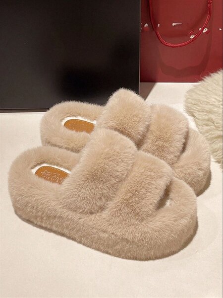 Woman thick sole high heel fuzzy slippers