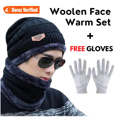 Winter Woolen Cap for Men And Women + FREE White HAND GLOVES (Black) Beanie Neck Warmer Cap Full Set, 2 Piece Garam Muffler Topi For Ladies, Winter Collection, Knitted Hat Scarf Cap, Winter Cap With Neck Cover, Cap With Neck Warmers - Unique Mall