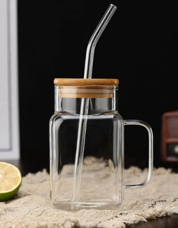 Square Borosilicate Glass Cup with Bamboo Lid and Reusable Glass Straw BPA Free