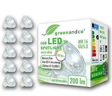 10x greenandco® CRI 90+ MR16 GU5.3 LED Spot 3W Replaces 20W 200lm 2700K (Warm White) 38° Beam Angle 12V AC/DC Glass Body with Protective Glass - Brand New