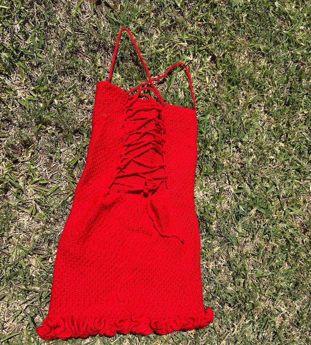 Red crochet dress.