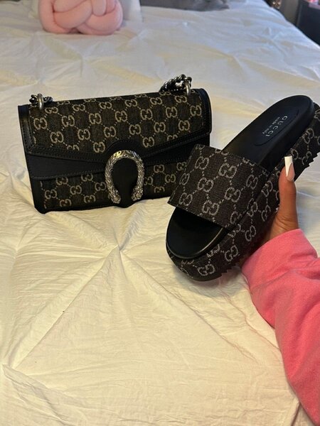 New Gucci black denim sandals and handbag