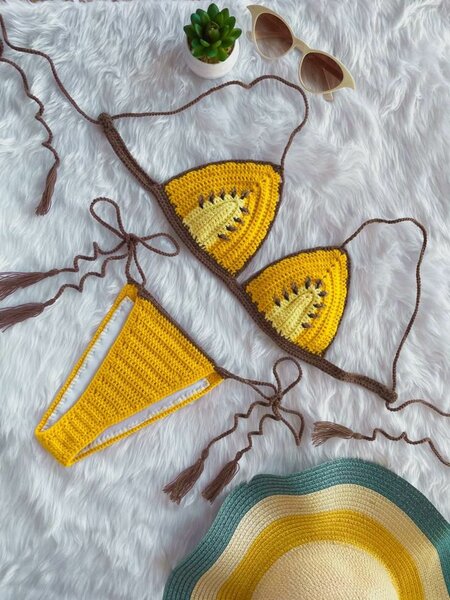 Bikini crochet jaune été
