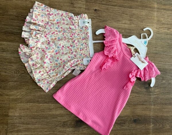 Girls' Floral Skirt & Pink Top