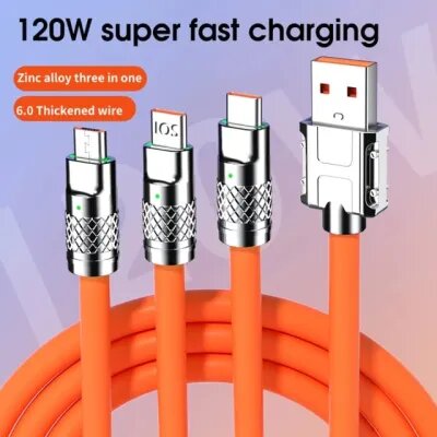 120W 3 in 1 Zinc Alloy Fast Charging Data Cable for Android, Apple,Type-C Super Fast Charging With Light Three-In-One Data Cable