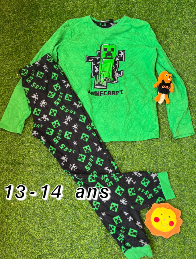Pyjama chaud enfant "Micraft vert vif-noir" 13-14 ans