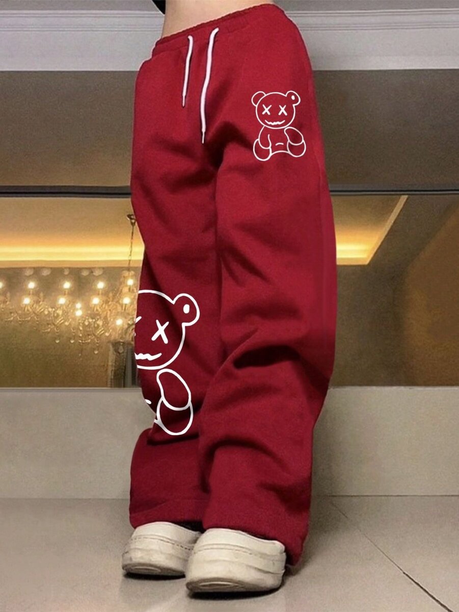 Womans cartoon bear printed drawstring waist sweatpants