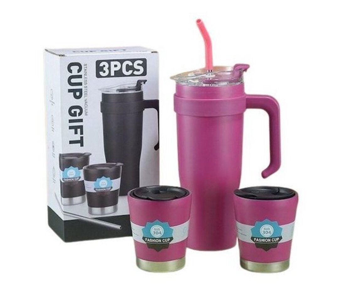 3 Pieces Cup With Cover And Straw - Multicolor
