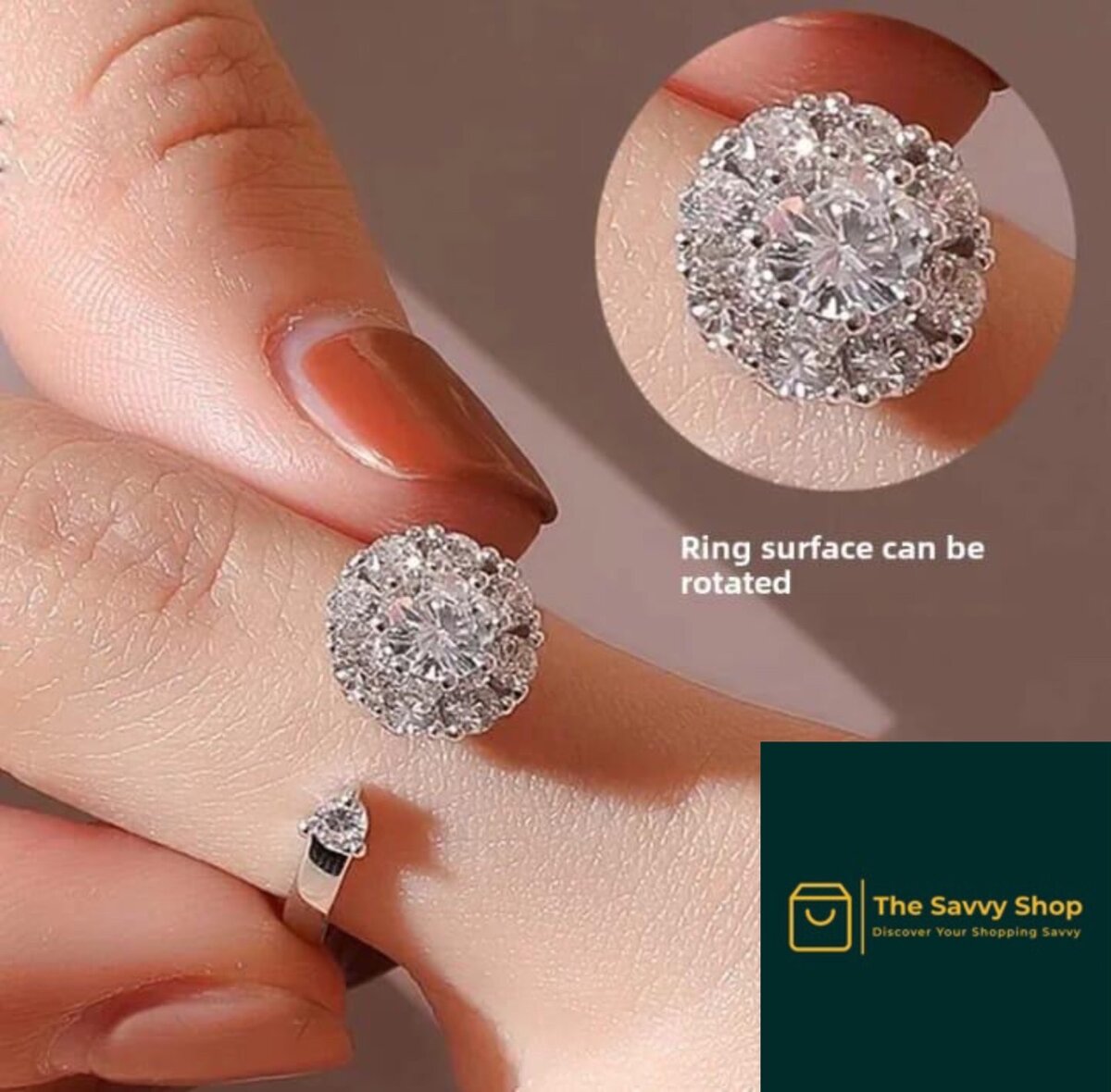 Silver plated cubic zirconia ring with rotatable stone