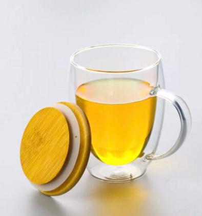 Bamboo Lid Double Wall Borosilicate Glass Cup