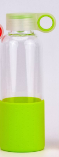 Portable Silicone Sleeve Borosilicate Glass Water Bottle with Finger Loop Plastic Twist Cap