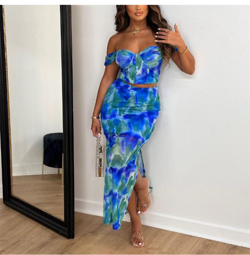 Blue Tie-Dye Off-Shoulder Dress
