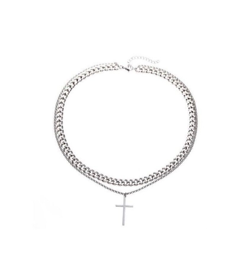 Collier acier croix double